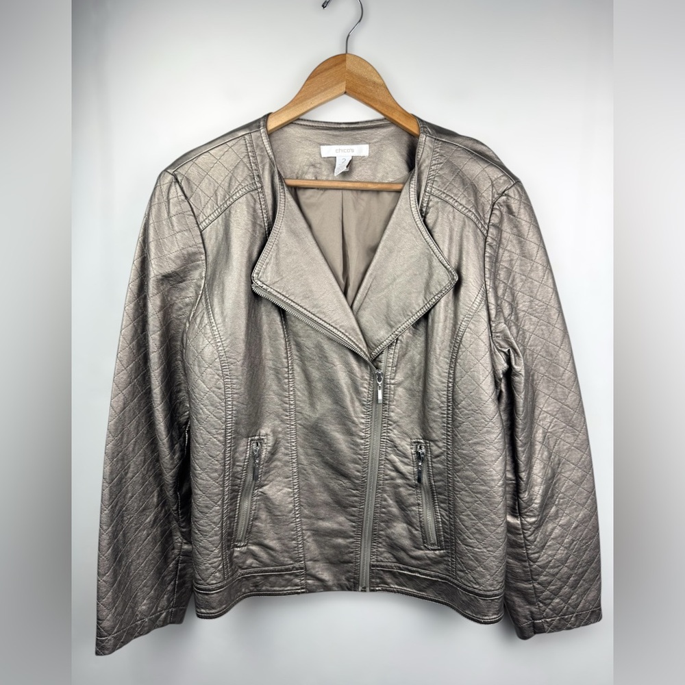 Chico's Faux Leather‎ Quilted Moto Jacket Metallic Champagne Size 2 US Large/12